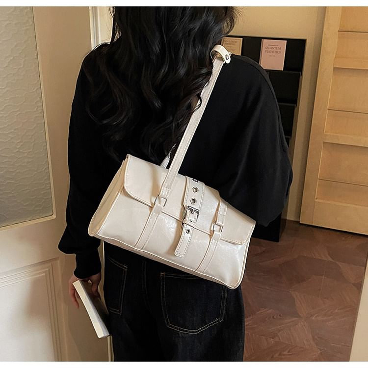 Faux Leather Buckled Flap Shoulder Bag