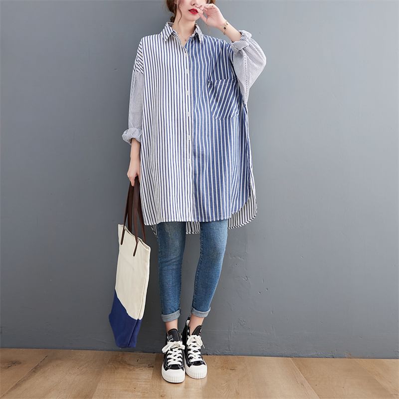 Two-Tone Striped Long Shirt - Collared