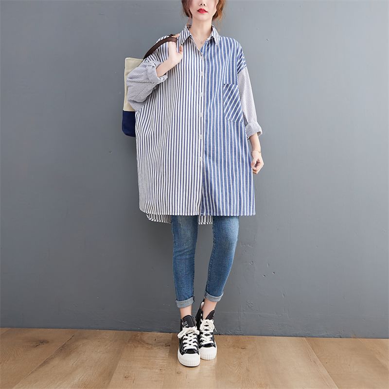 Two-Tone Striped Long Shirt - Collared