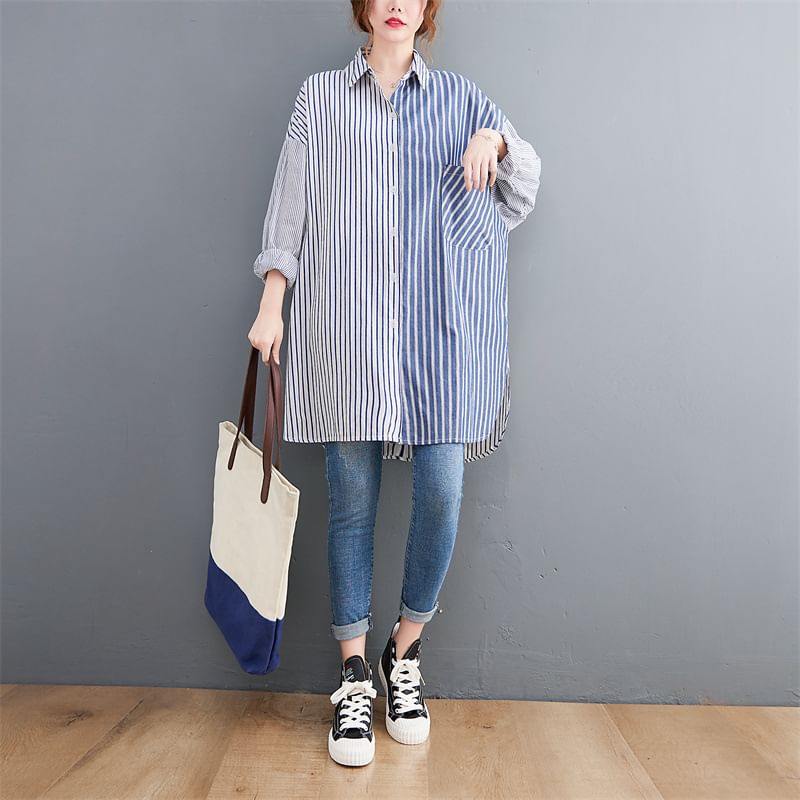Two-Tone Striped Long Shirt - Collared