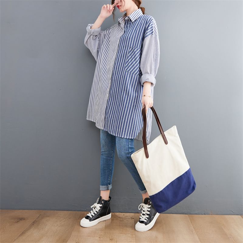 Two-Tone Striped Long Shirt - Collared