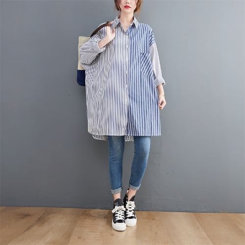 Two-Tone Striped Long Shirt - Collared