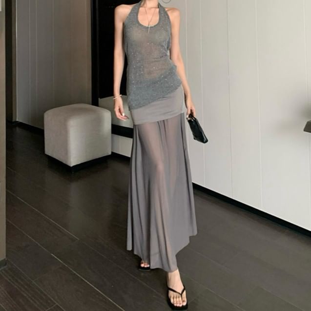 Black Halter Crop Top and High Waist Maxi Skirt Set