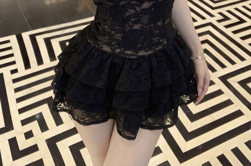 Lace Halter Crop Top with Mini Tiered Skirt and Cardigan Set