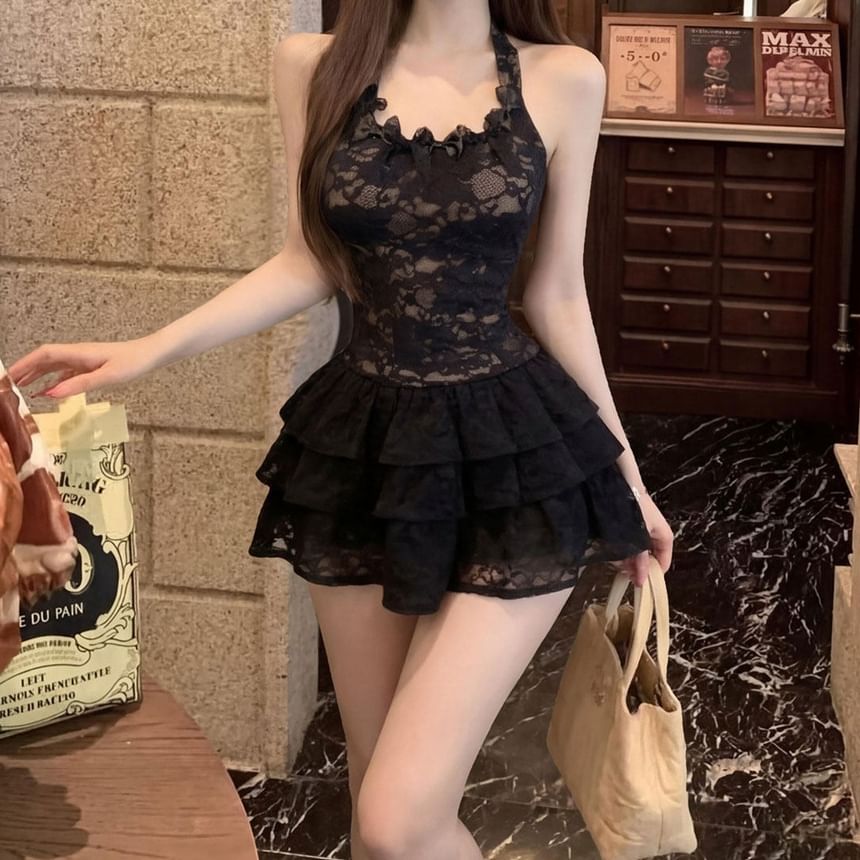 Lace Halter Crop Top with Mini Tiered Skirt and Cardigan Set