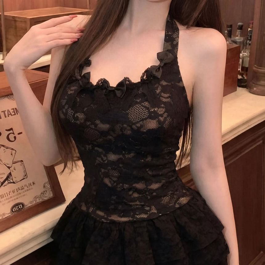 Lace Halter Crop Top with Mini Tiered Skirt and Cardigan Set