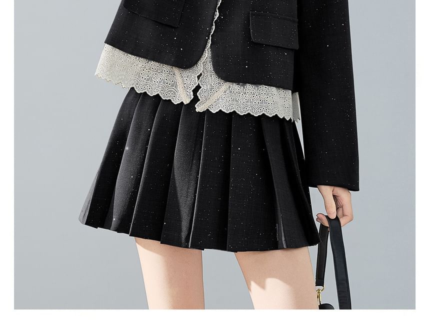 Lace Trim Glitter Button-Up Blazer and Pleated Mini A-Line Skirt Set