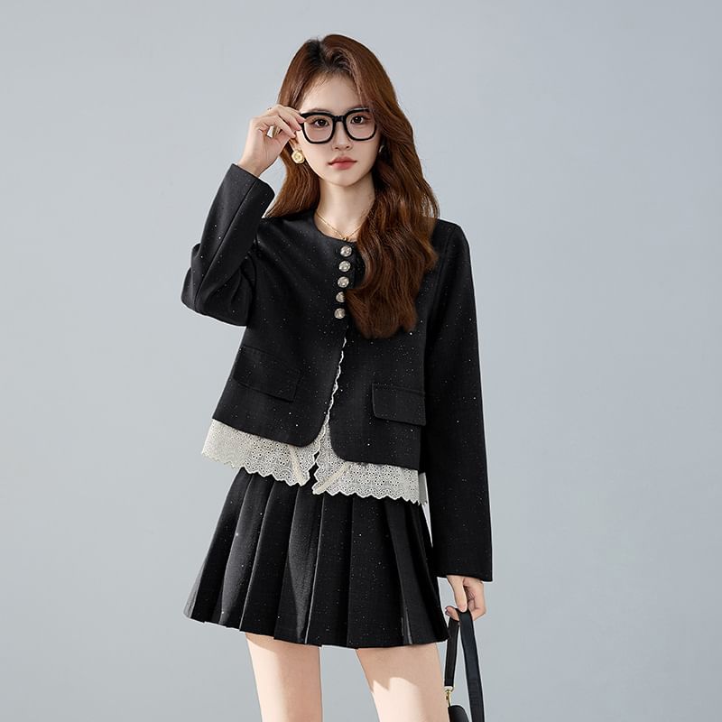 Lace Trim Glitter Button-Up Blazer and Pleated Mini A-Line Skirt Set