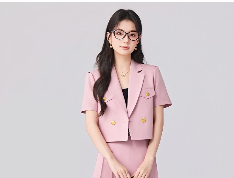 Short-Sleeve Double-Breasted Blazer and Pleated Midi A-Line Skirt Set