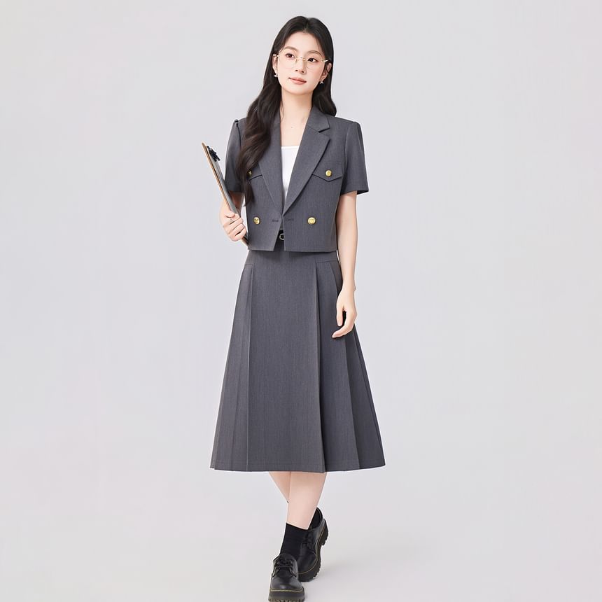 Short-Sleeve Double-Breasted Blazer and Pleated Midi A-Line Skirt Set