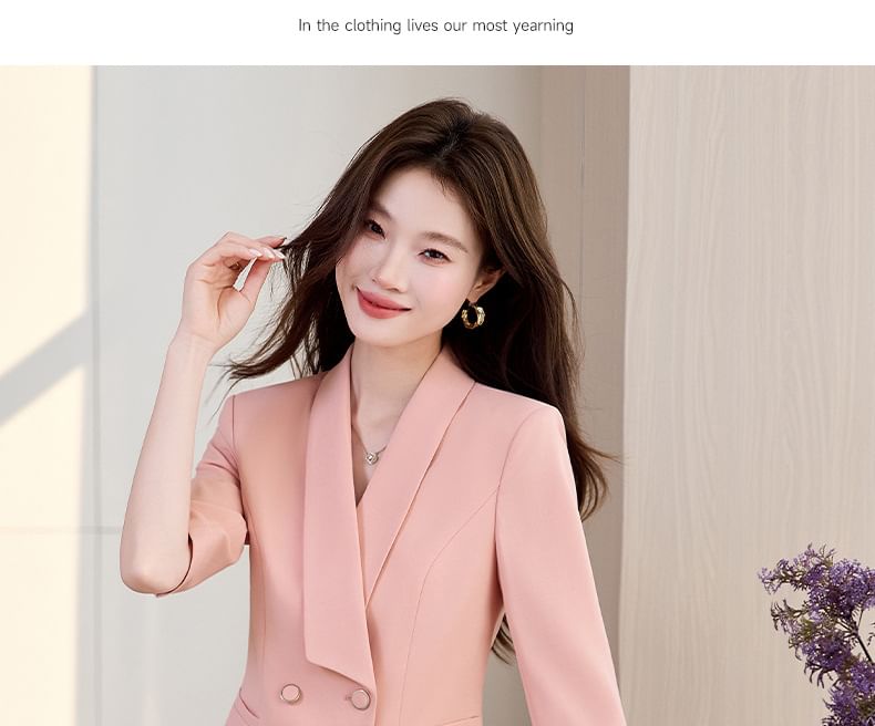 Elbow-Sleeve Double-Breasted Blazer and Midi Pencil Skirt Set