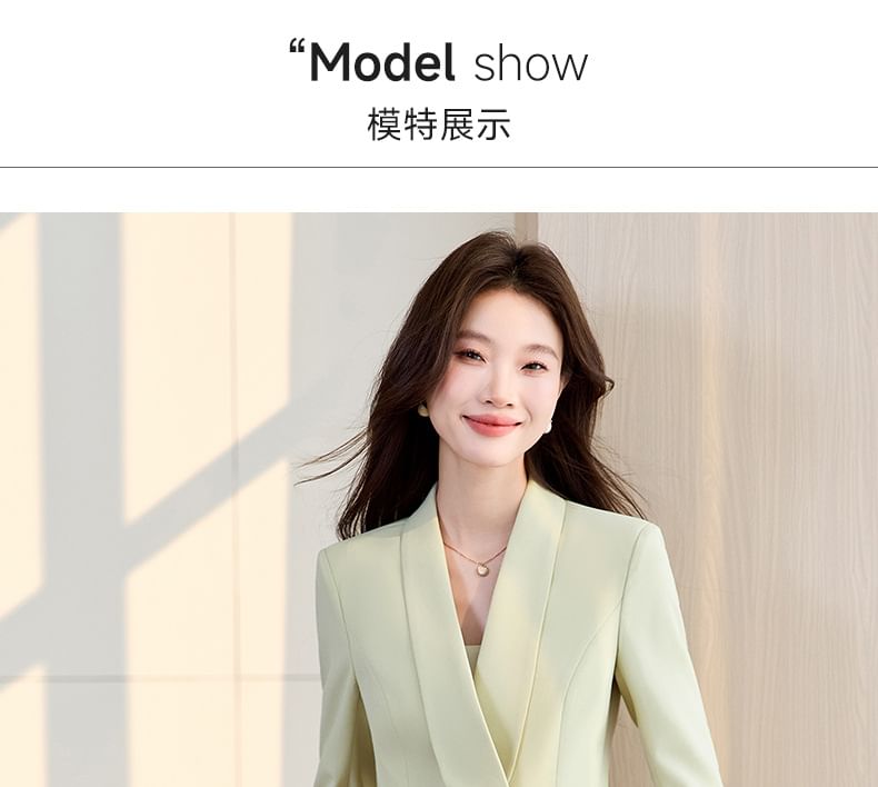 Elbow-Sleeve Double-Breasted Blazer and Midi Pencil Skirt Set