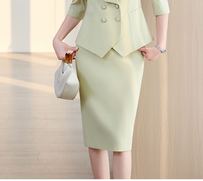 Elbow-Sleeve Double-Breasted Blazer and Midi Pencil Skirt Set