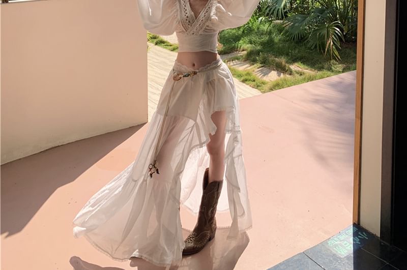 Puff-Sleeve V-Neck Crop Blouse and Low Waist Maxi A-Line Skirt Set
