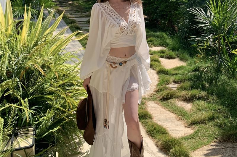 Puff-Sleeve V-Neck Crop Blouse and Low Waist Maxi A-Line Skirt Set