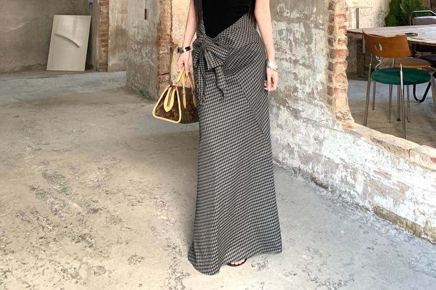 Asymmetrical Neck Tank Top and Plaid Tie-Up Maxi Pencil Skirt Set