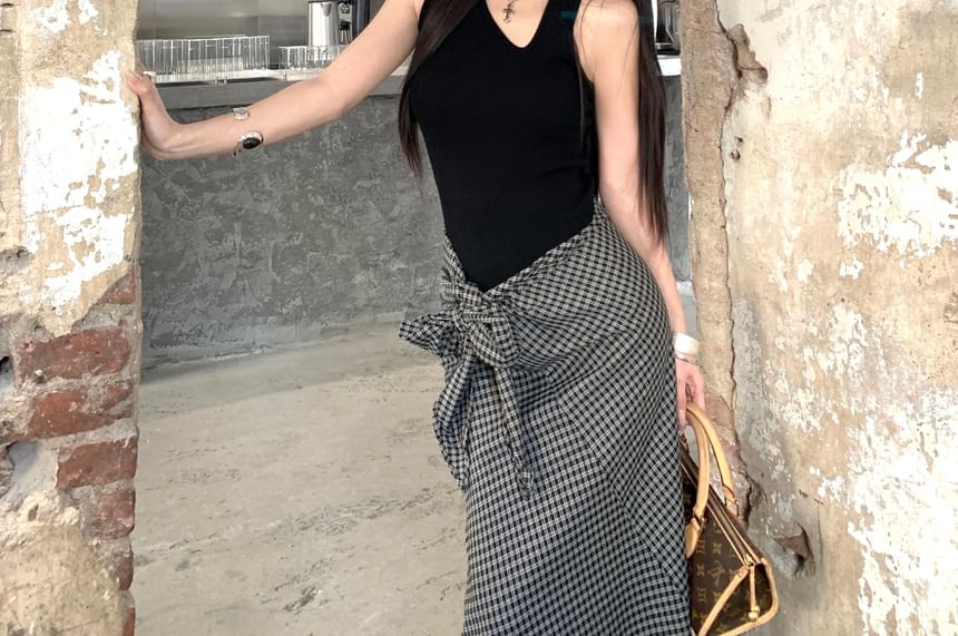 Asymmetrical Neck Tank Top and Plaid Tie-Up Maxi Pencil Skirt Set