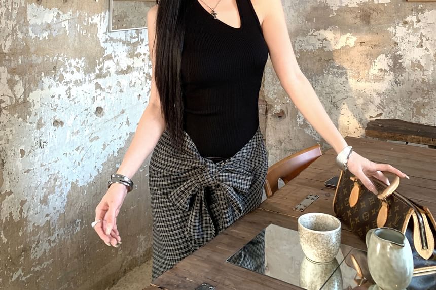 Asymmetrical Neck Tank Top and Plaid Tie-Up Maxi Pencil Skirt Set