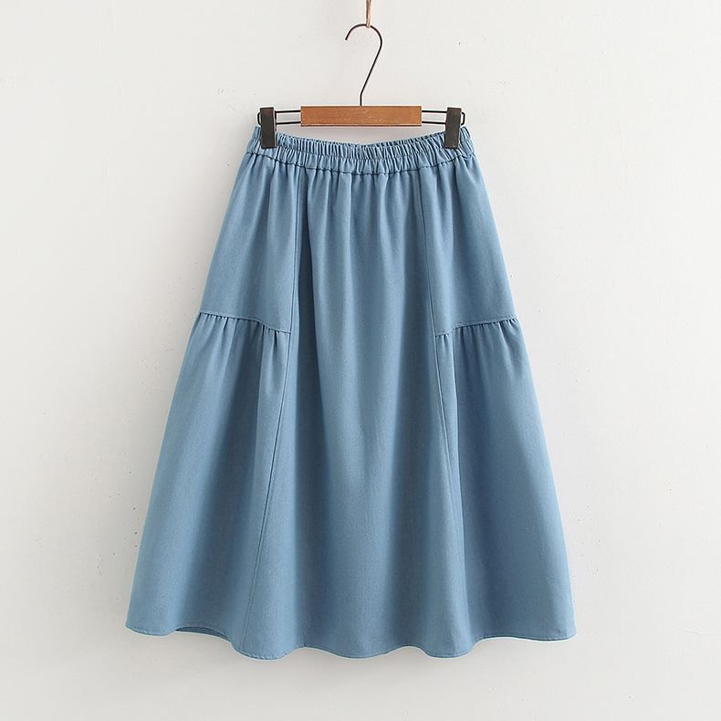High Waist Denim Midi A-Line Skirt