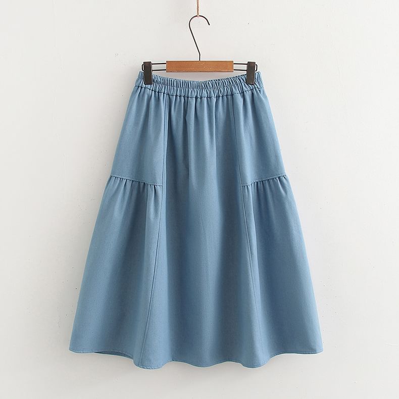 High Waist Denim Midi A-Line Skirt