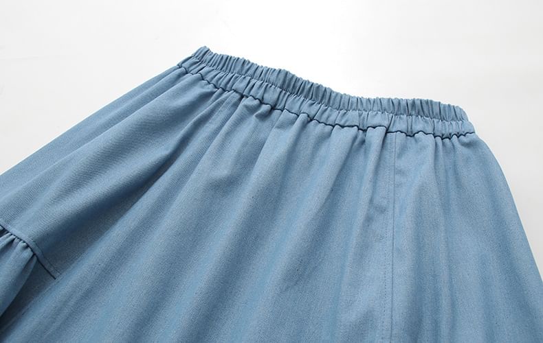 High Waist Denim Midi A-Line Skirt