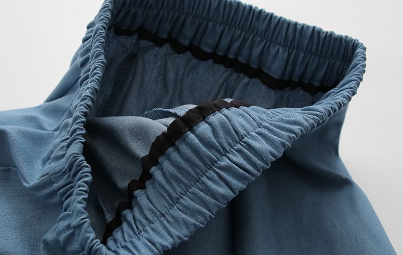 Elastic Waist Lace Panel Denim Maxi A-Line Skirt