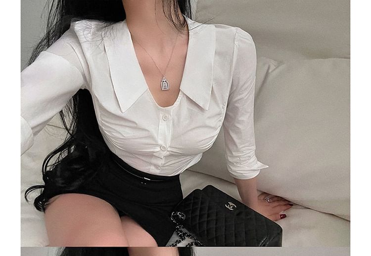 Ruched Collared Shirt - Three Quarter Sleeve
