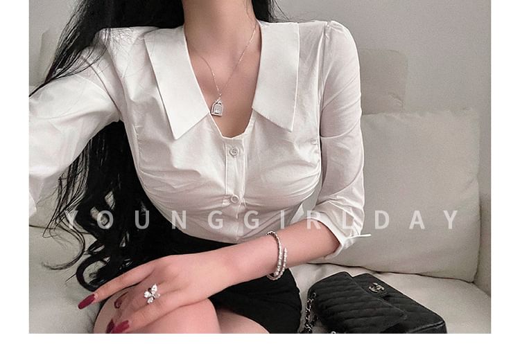 Ruched Collared Shirt - Three Quarter Sleeve
