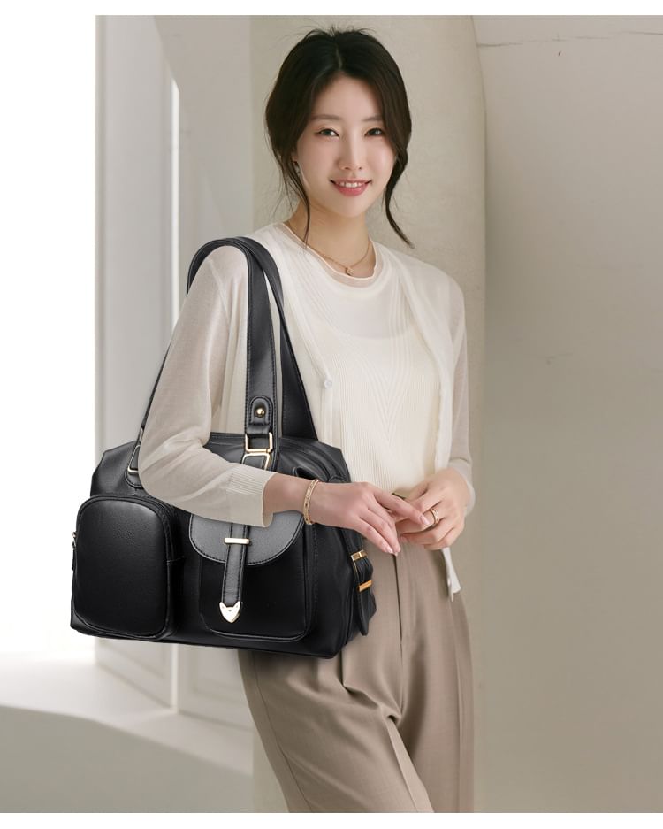 Dual Front Pocket Genuine Leather Shoulder Bag