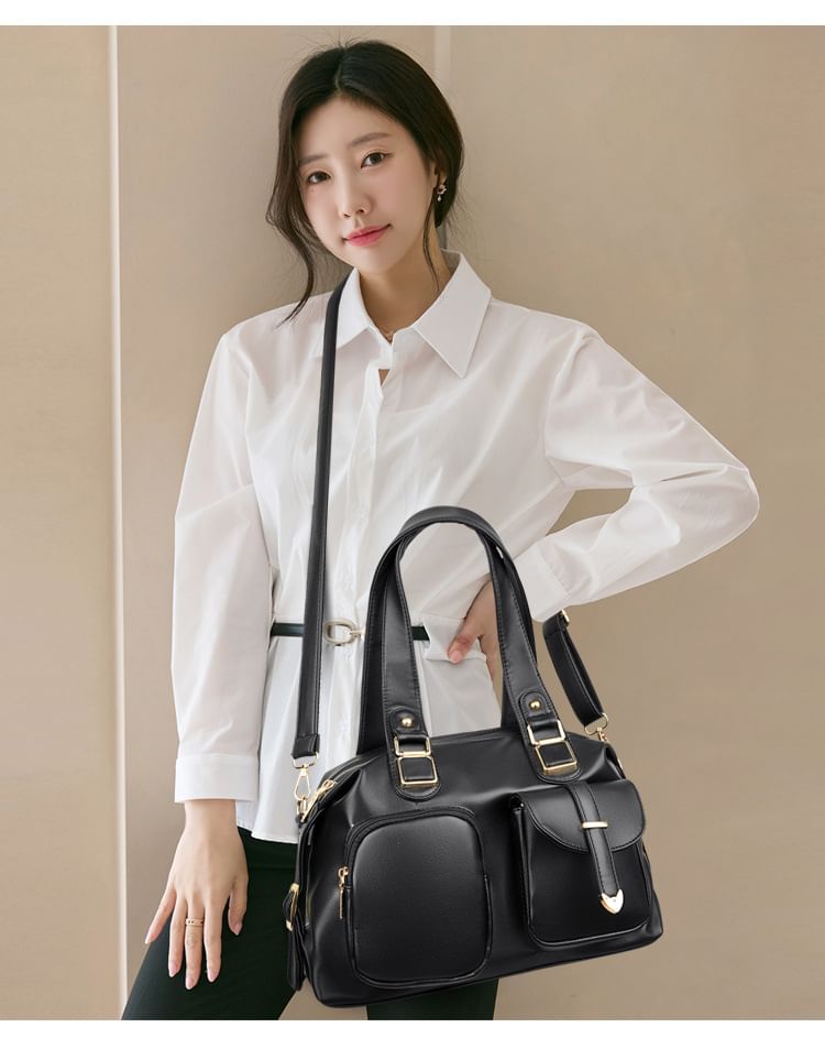 Dual Front Pocket Genuine Leather Shoulder Bag