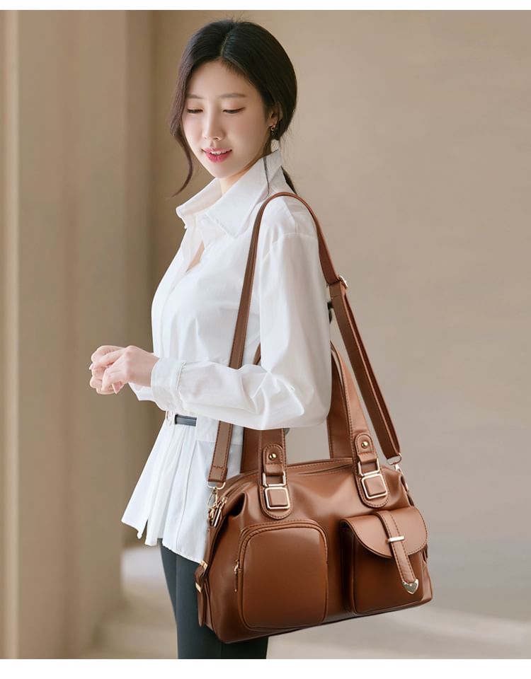 Dual Front Pocket Genuine Leather Shoulder Bag