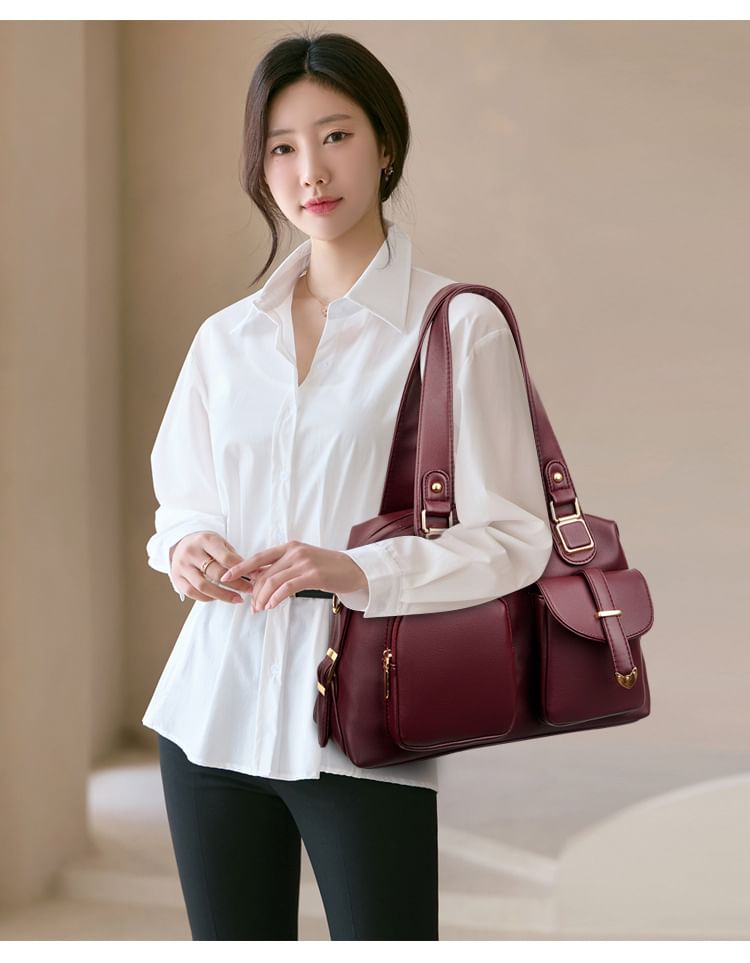 Dual Front Pocket Genuine Leather Shoulder Bag