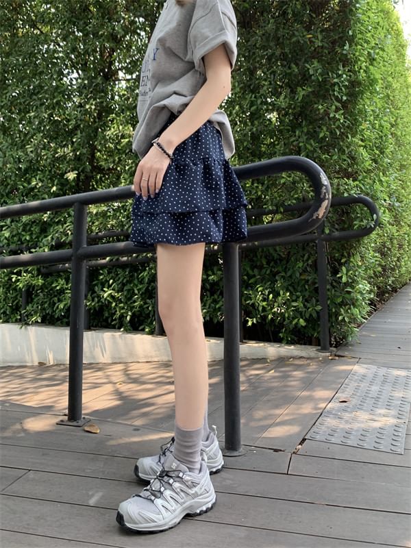 Elastic Waist Dotted Mini Tiered Skirt