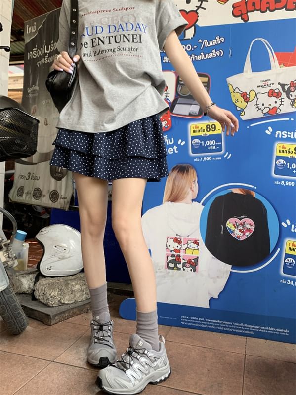 Elastic Waist Dotted Mini Tiered Skirt