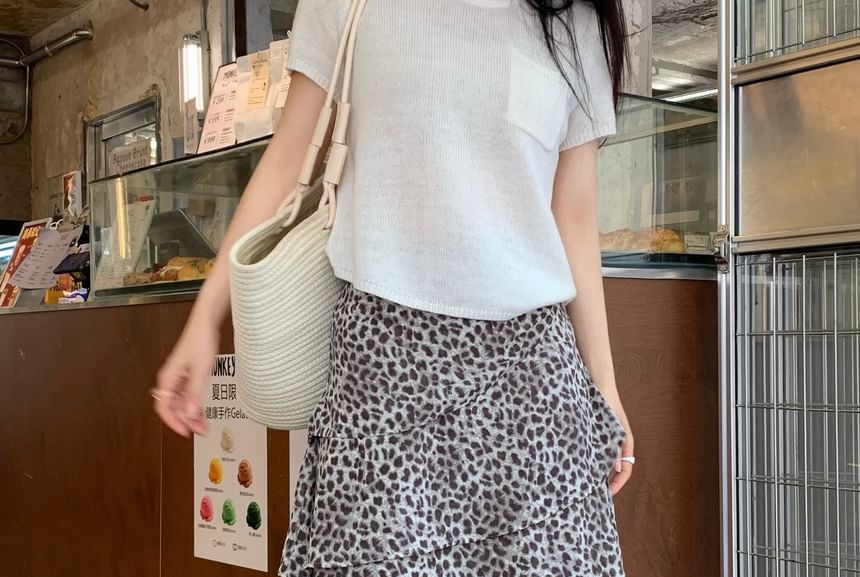 Mid Rise Leopard Print Midi A-Line Skirt