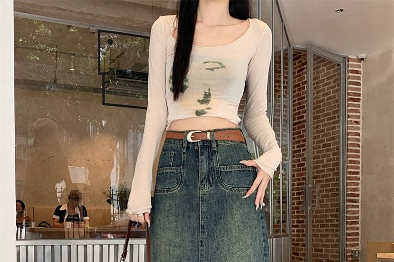 Mid Rise Washed Denim Midi A-Line Skirt