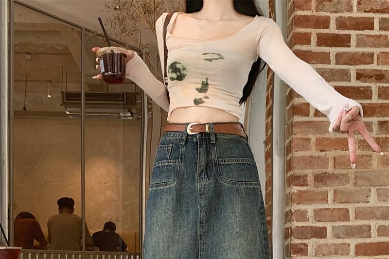 Mid Rise Washed Denim Midi A-Line Skirt