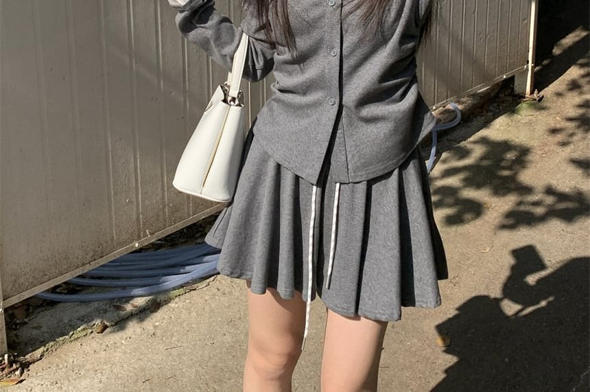Long-Sleeve Collared Ruched Top and Drawstring Mini A-Line Skirt Set
