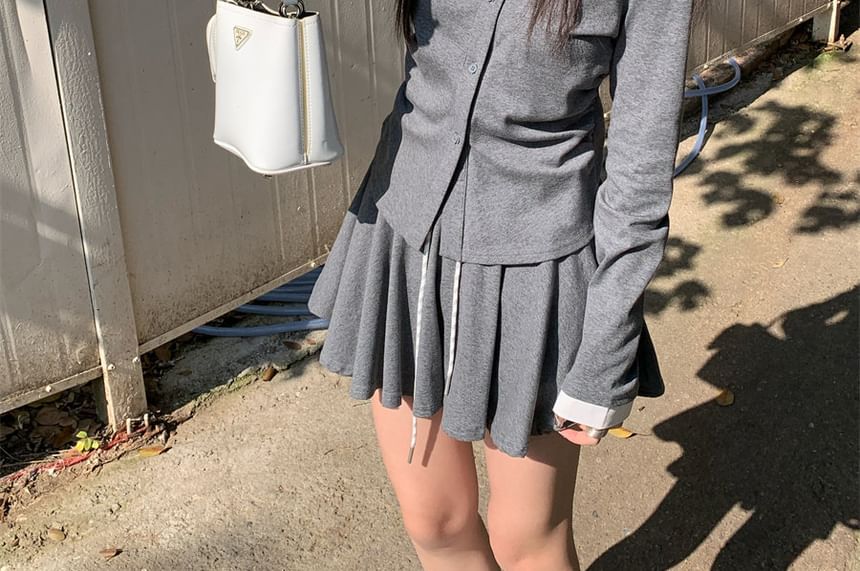 Long-Sleeve Collared Ruched Top and Drawstring Mini A-Line Skirt Set
