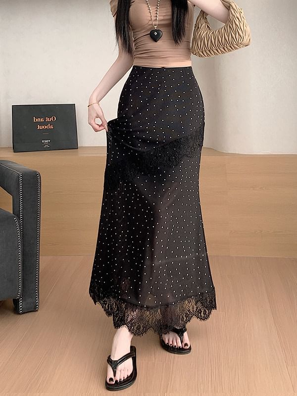 High Waist Polka Dot Asymmetrical Lace Panel Maxi Mermaid Skirt