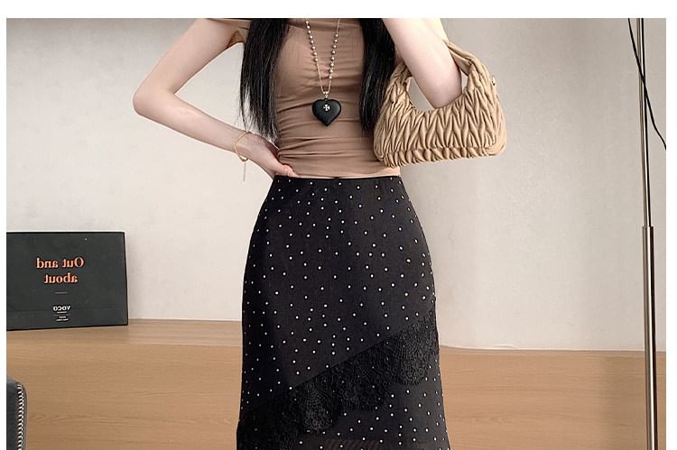High Waist Polka Dot Asymmetrical Lace Panel Maxi Mermaid Skirt
