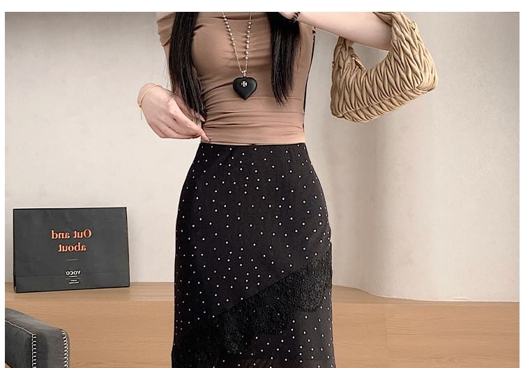 High Waist Polka Dot Asymmetrical Lace Panel Maxi Mermaid Skirt
