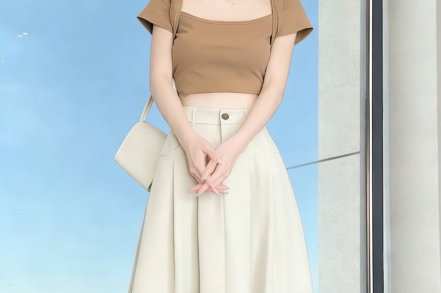 High Waist Plain Pleated Midi A-Line Skirt