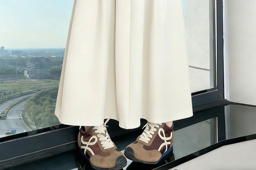 High Waist Plain Pleated Midi A-Line Skirt