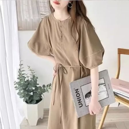 Short-Sleeve Crewneck Plain Maxi A-Line Dress