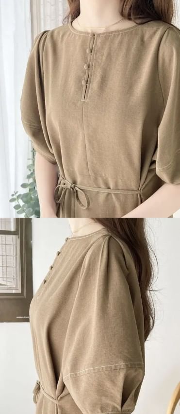 Short-Sleeve Crewneck Plain Maxi A-Line Dress
