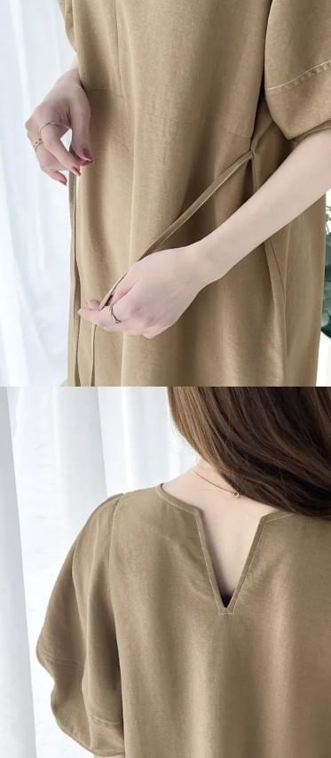 Short-Sleeve Crewneck Plain Maxi A-Line Dress