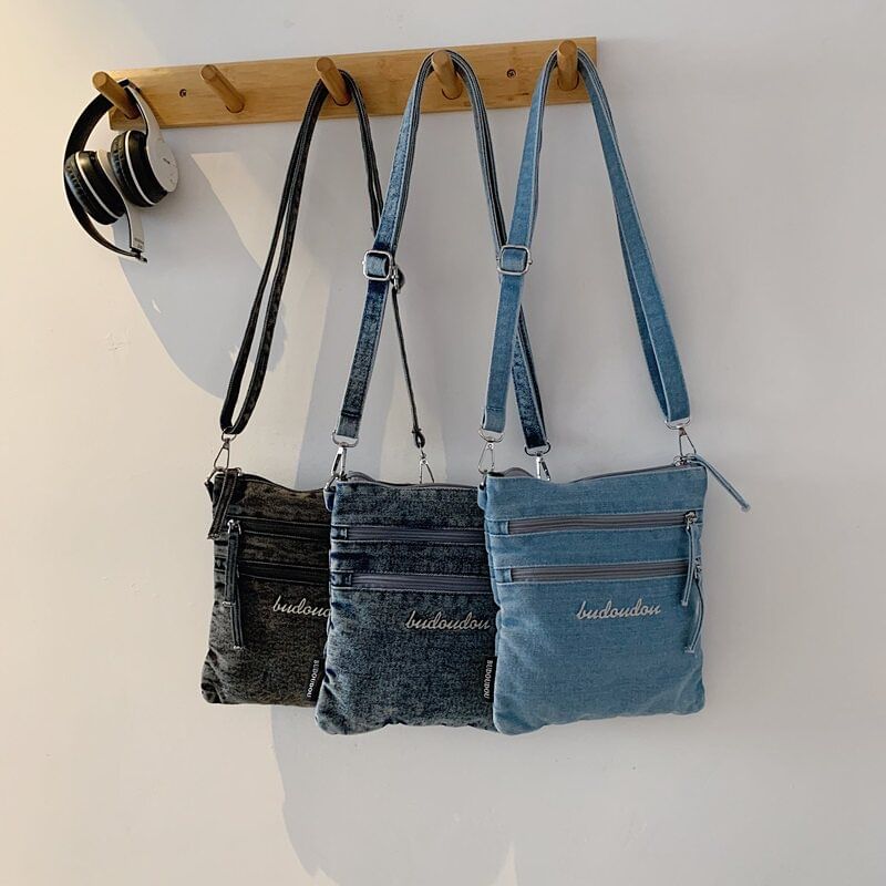 Washed Denim Zip Crossbody Bag