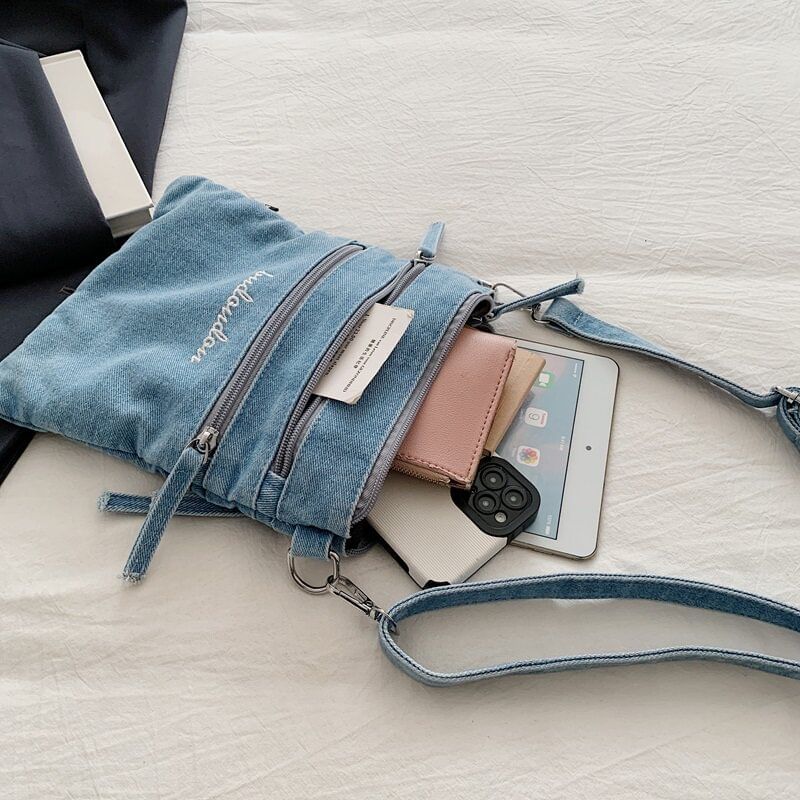 Washed Denim Zip Crossbody Bag