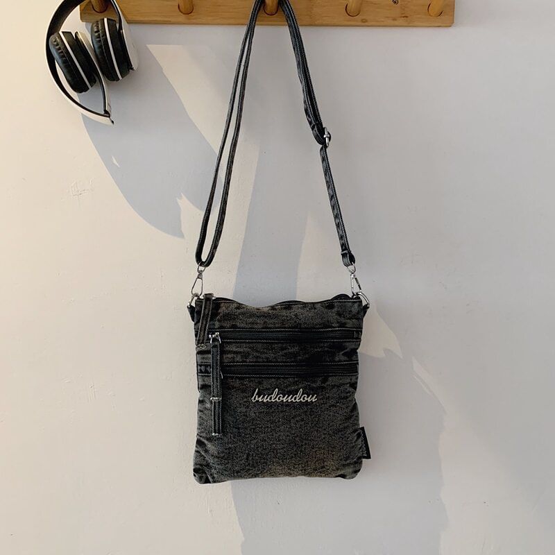 Washed Denim Zip Crossbody Bag